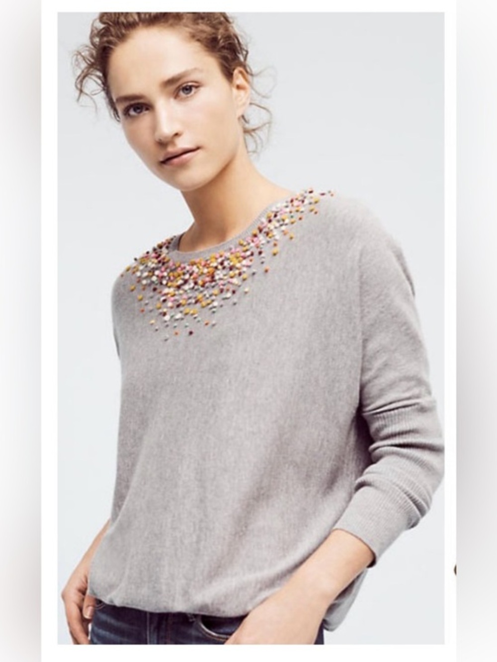 Anthropologie Angel Of The North Gray Crewneck Embroidered Sweater Size Medium